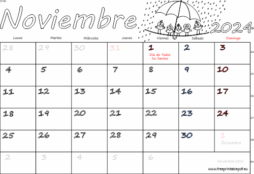 Calendario imprimible para noviembre de 2024 para Chile